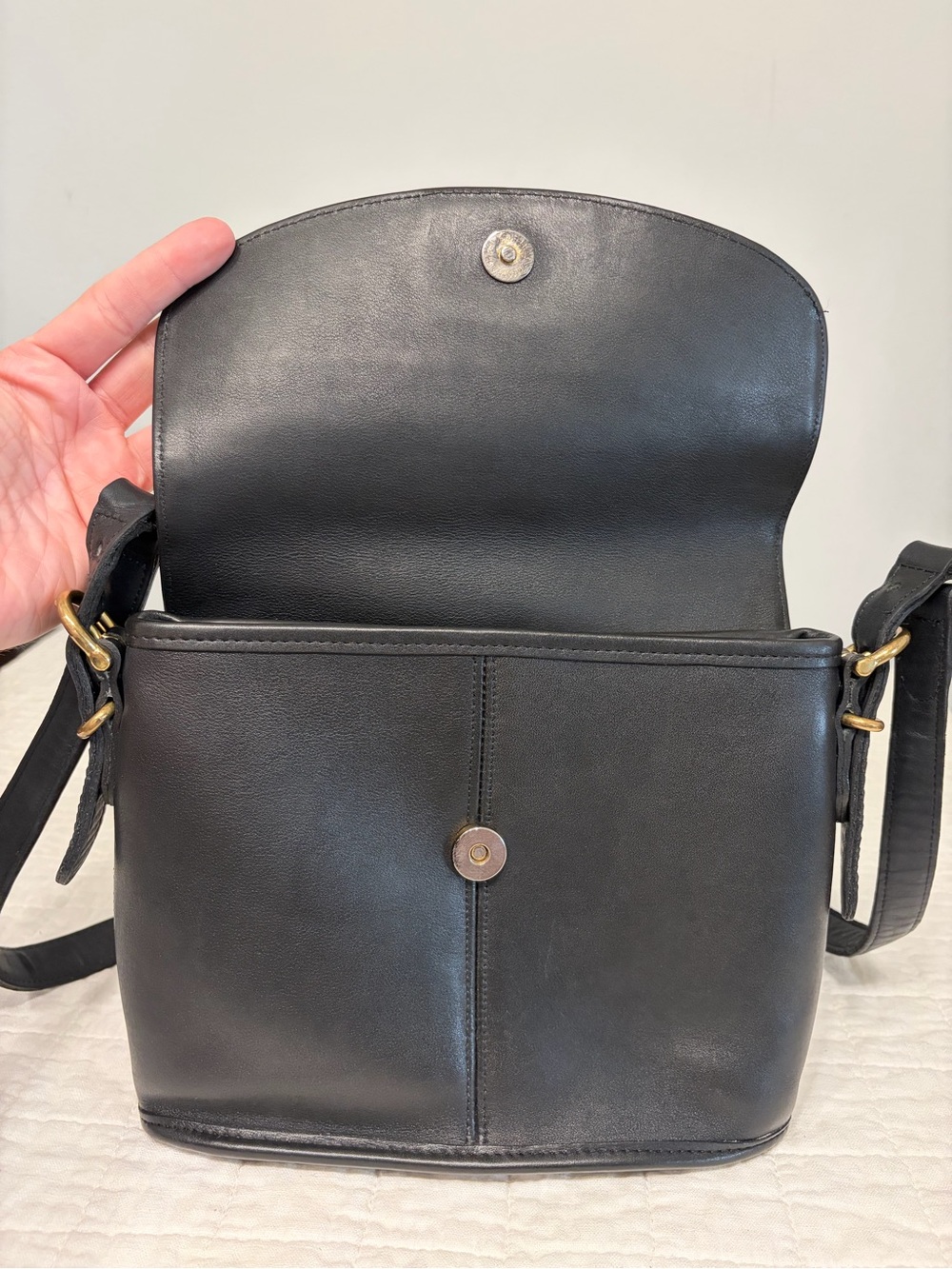 Vintage Coach Equestrian Large Flap Bag (#9807) in Navy Leather & Brass Hardware